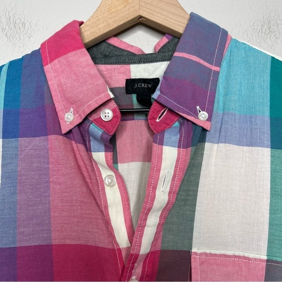 J. Crew Men Shirt Medium Madras Plaid Pocket Holiday Button Down Pink Cream Blue - Picture 4 of 8